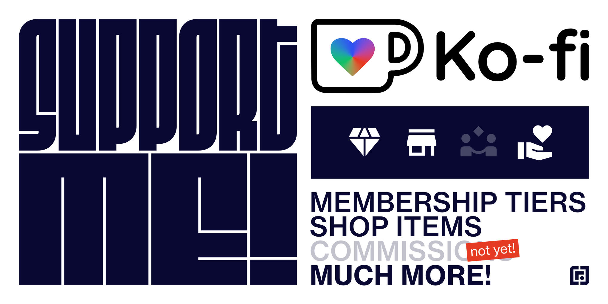 A social preview image for the StudioCRJ Ko-fi page. A title to the left reads “Support me!”, and text at the bottom-right reads, “Membership tiers; Shop items; Commissions (not yet!); Much more!”