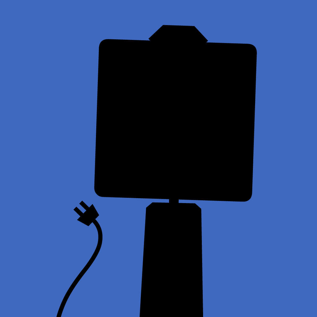 A black silhouette of Myles atop a blue background.