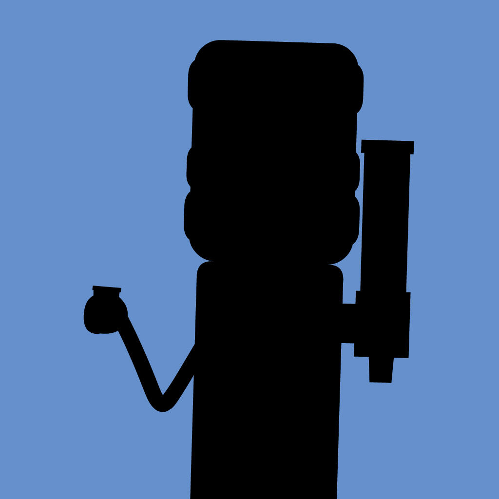 A black silhouette of Warren atop a light blue background.